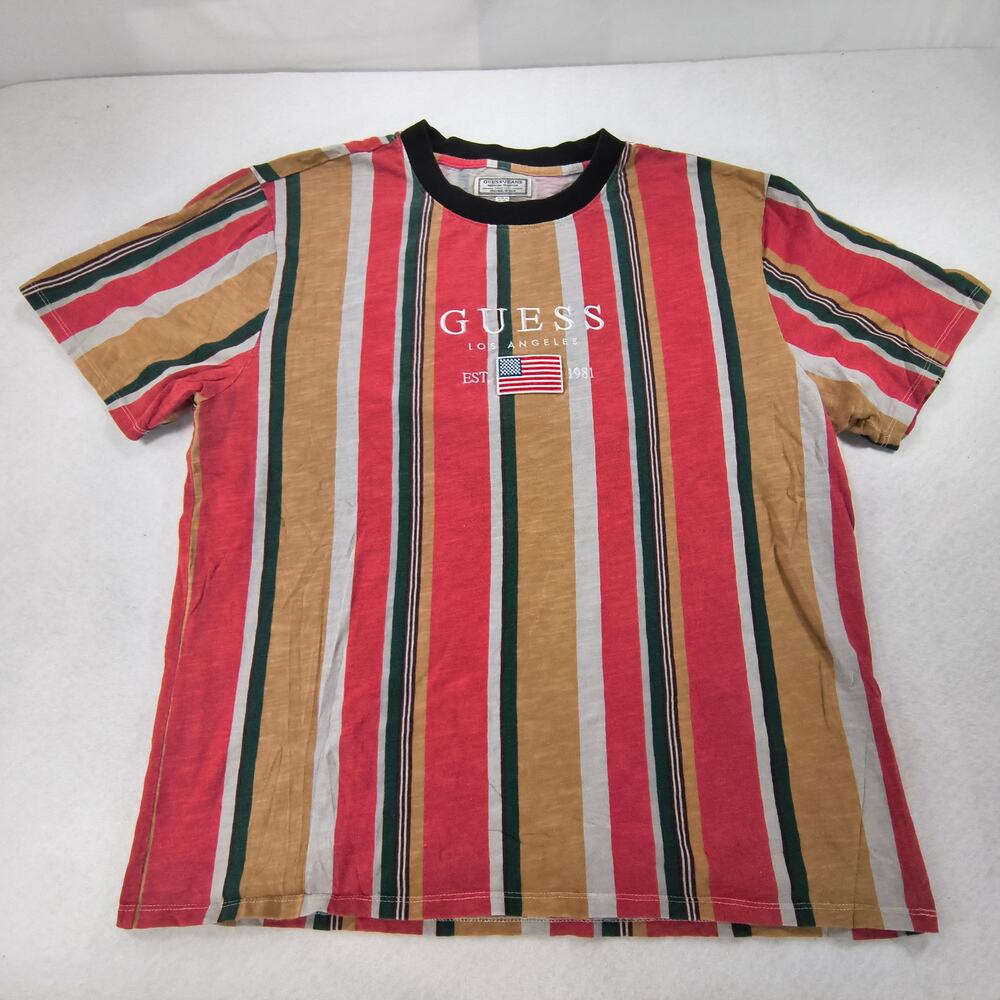Guess Casual Striped Short Sleeve Crew Neck T Shirt Mens Size XL Red Green White - Picture 2 of 8